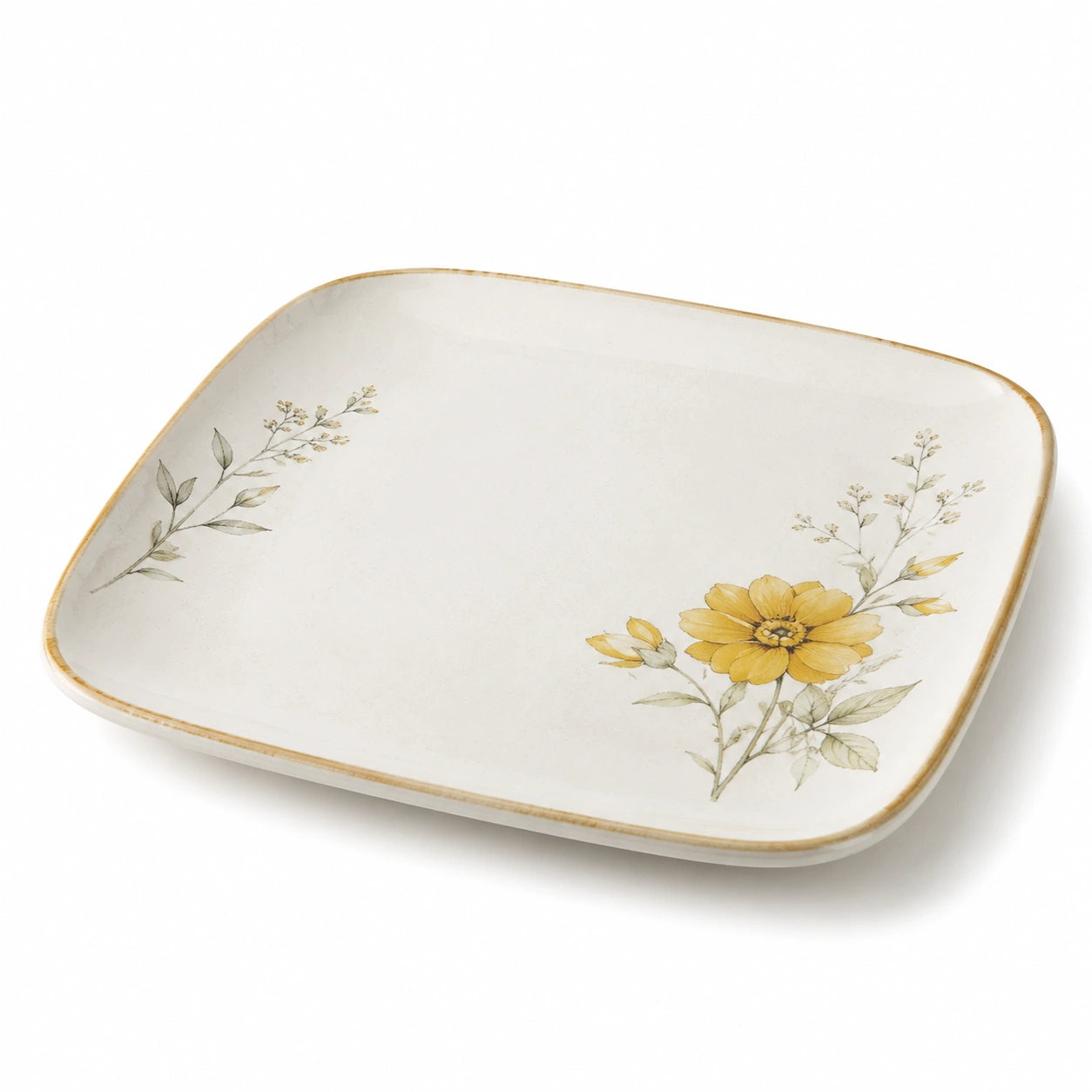 Plat de service carré 20×20 cm en céramique ivoire à motif floral