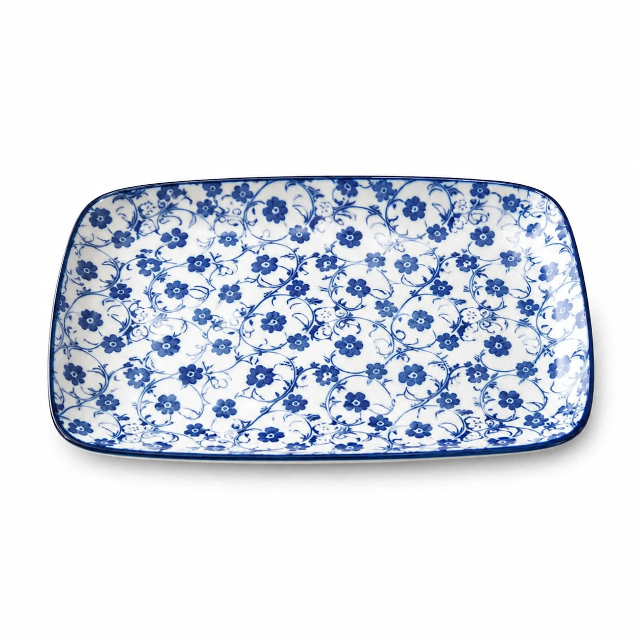 Plat de service rectangulaire 30×20 cm en porcelaine blanc/bleu à motif floral