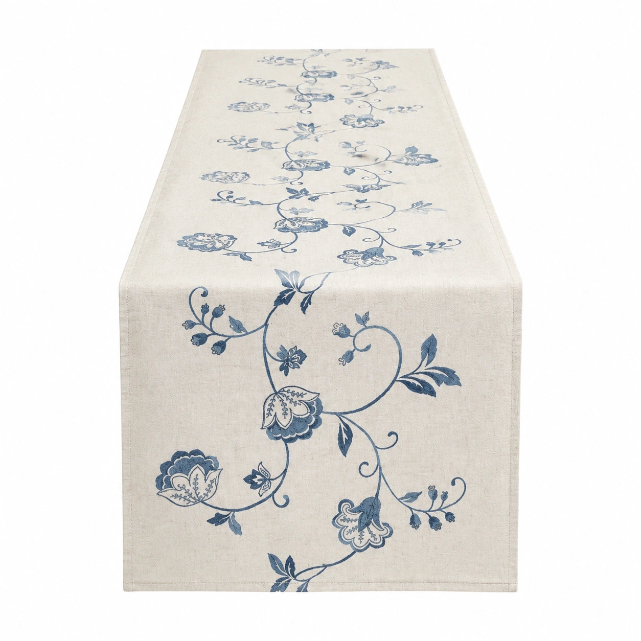 Chemin de table 180 x 40 cm en tissu beige à motif floral bleu style classique