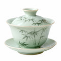 Bol à thé couvert en porcelaine 150 ml vert céladon à motif bambou avec soucoupe
