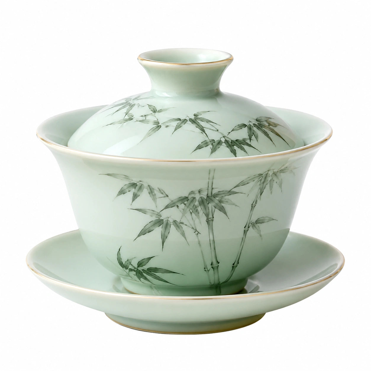 Bol à thé couvert en porcelaine 150 ml vert céladon à motif bambou avec soucoupe