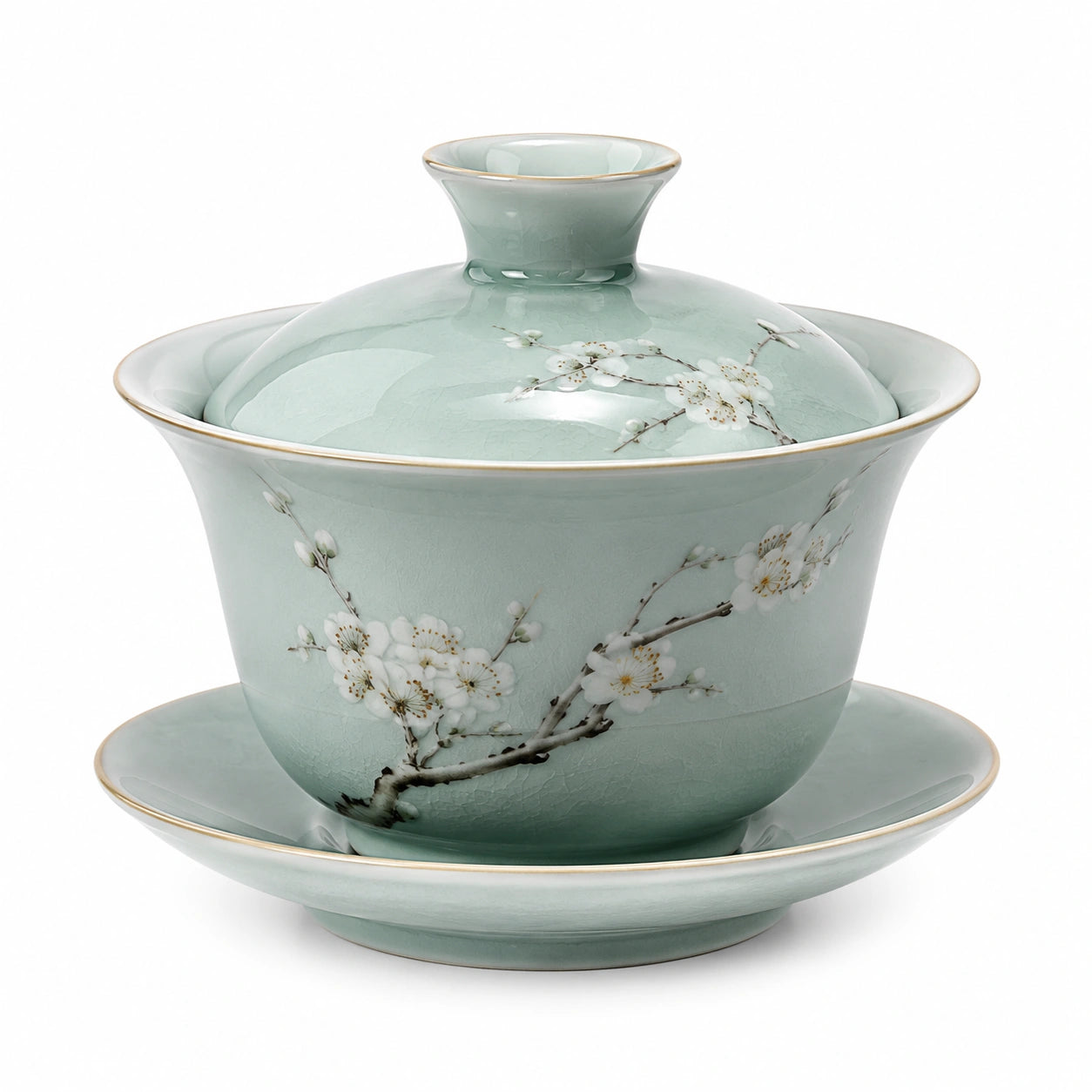 Gaiwan 150 ml en porcelaine céladon avec soucoupe et couvercle décor floral pour thé