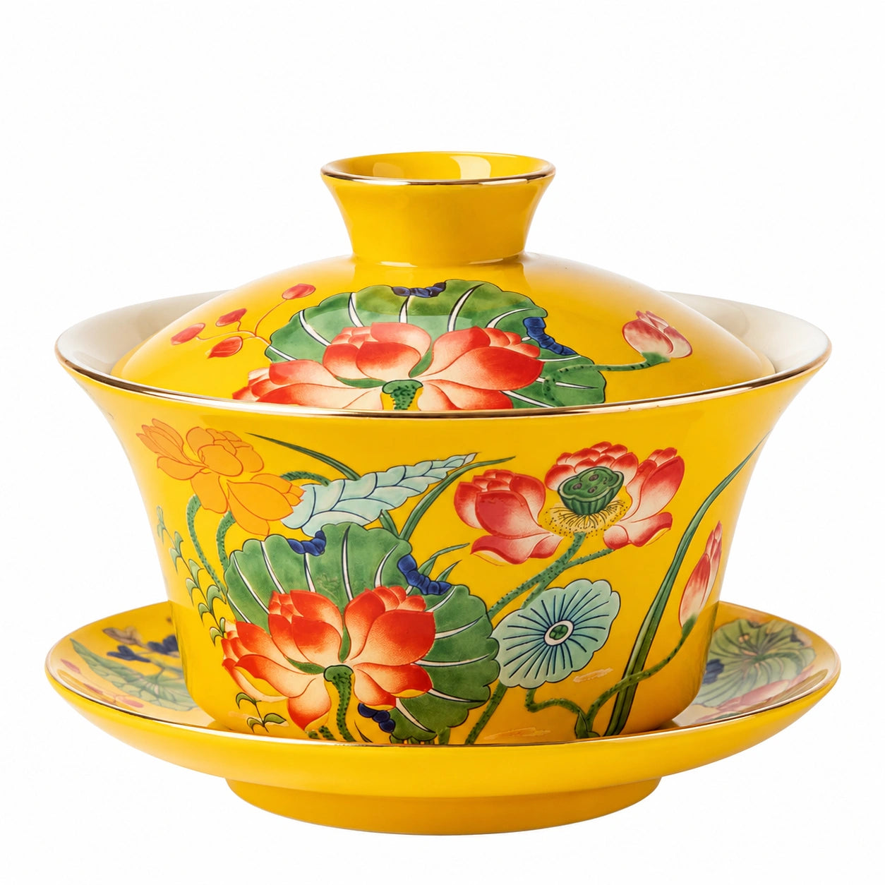 Gaiwan en porcelaine jaune 12 cm pour thé style floral