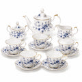 Service à thé 11 pièces en porcelaine blanche bleu et doré pour 4 personnes style floral