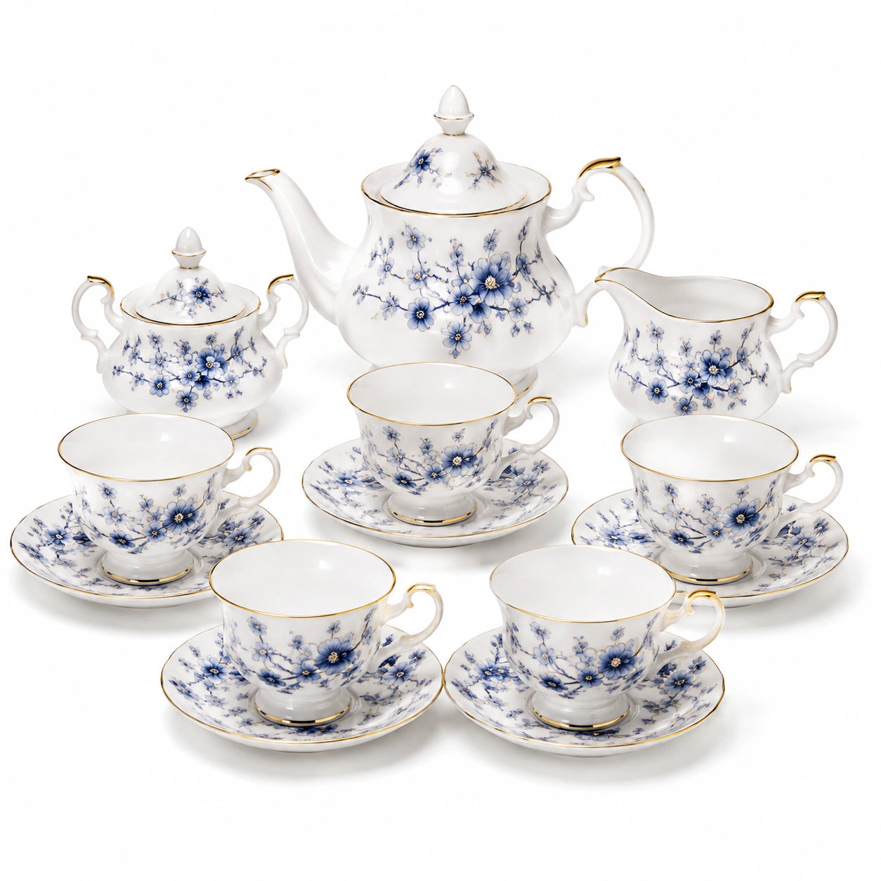 Service à thé 11 pièces en porcelaine blanche bleu et doré pour 4 personnes style floral