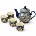 Service à thé en céramique 1.2 L bleu marine et jaune à motifs floraux avec 4 tasses