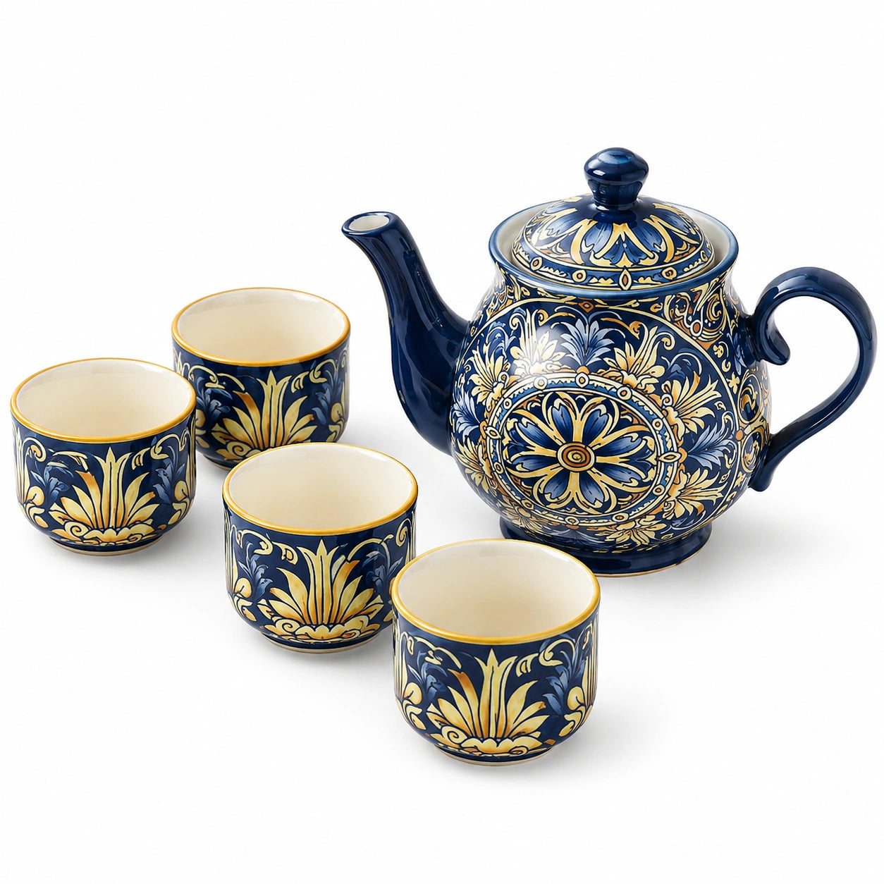 Service à thé en céramique 1.2 L bleu marine et jaune à motifs floraux avec 4 tasses