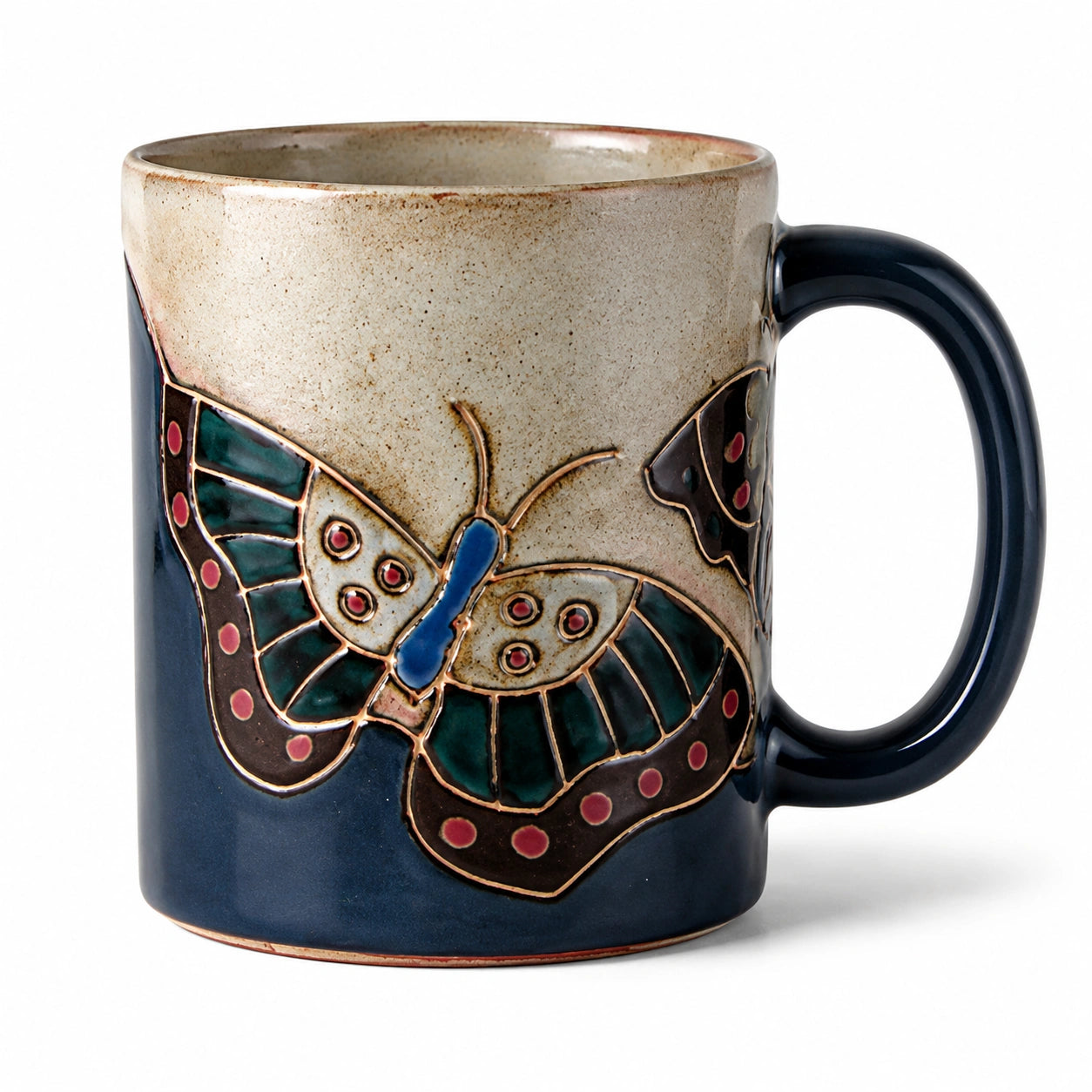 Mug en céramique 400 ml beige et bleu à motif papillon - tasse à anse pour boissons chaudes