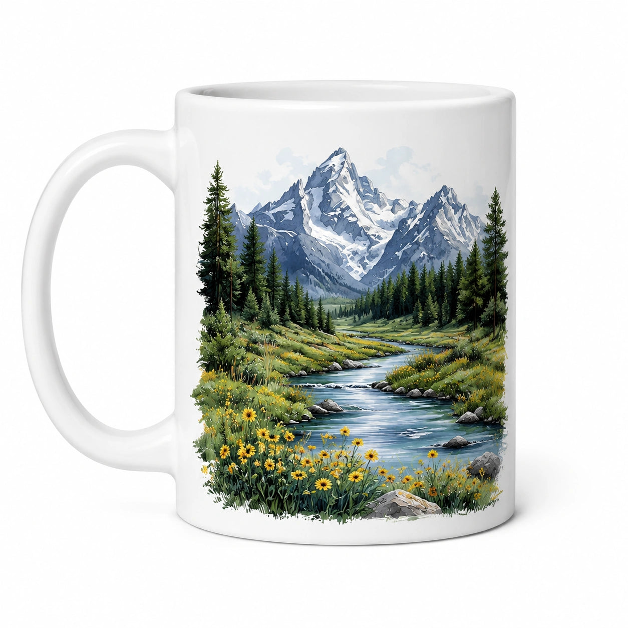 Mug 325 ml en céramique blanc décor paysage de montagne avec anse