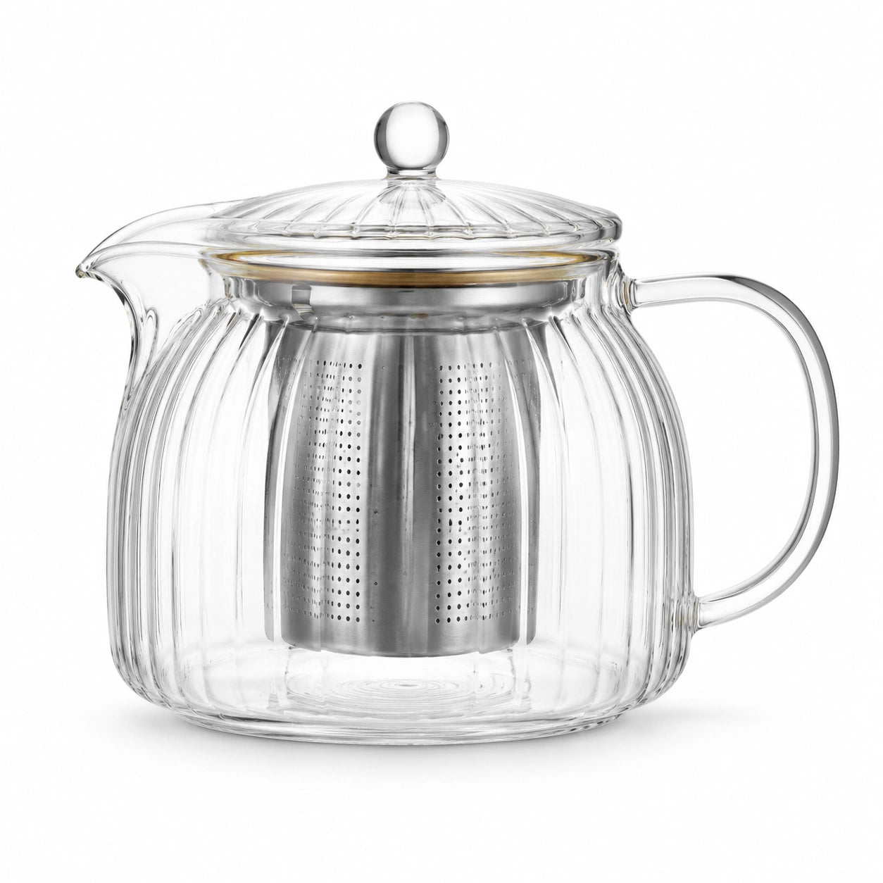 Théière 1200 ml en verre transparent avec filtre en acier inoxydable nervurée