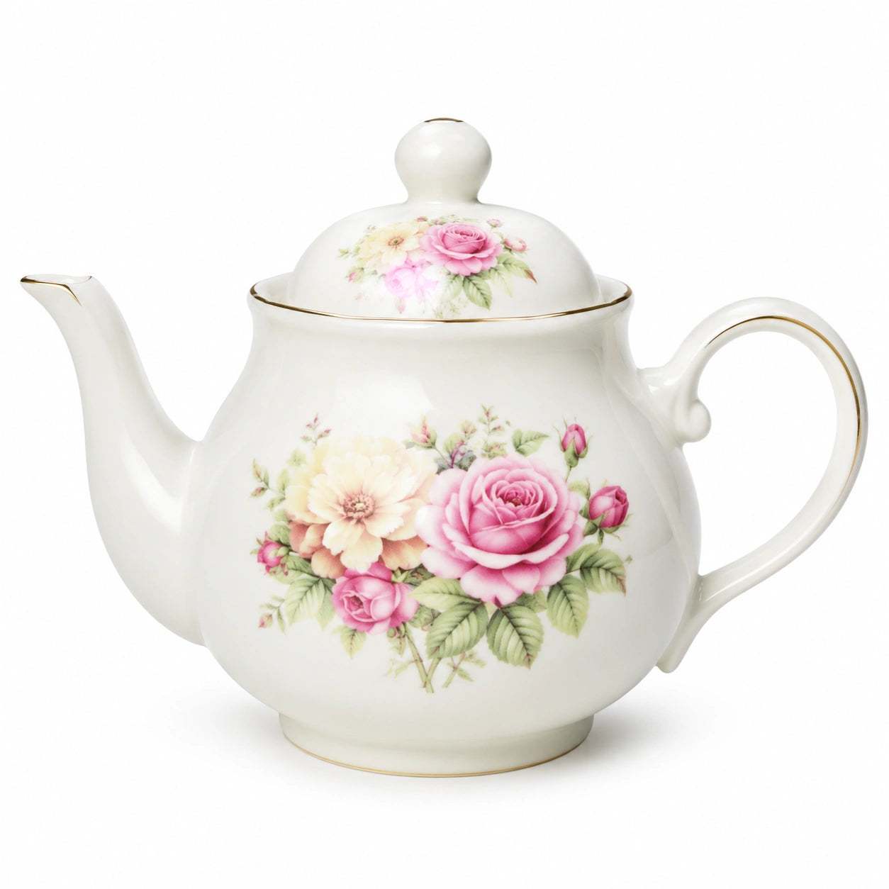 Théière 800 ml en porcelaine blanche à motif floral avec couvercle style classique