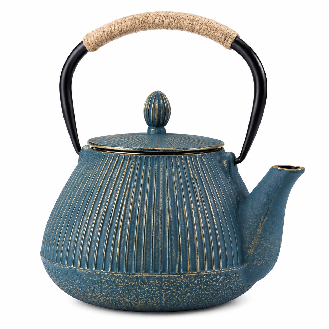 Théière en fonte bleu pétrole 18 x 17 cm avec anse gainée style strié