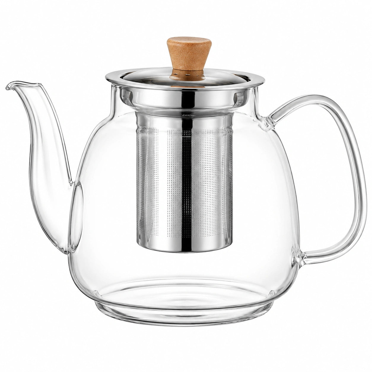 Théière 1000 ml en verre transparent avec filtre en acier inoxydable et couvercle poignée bois